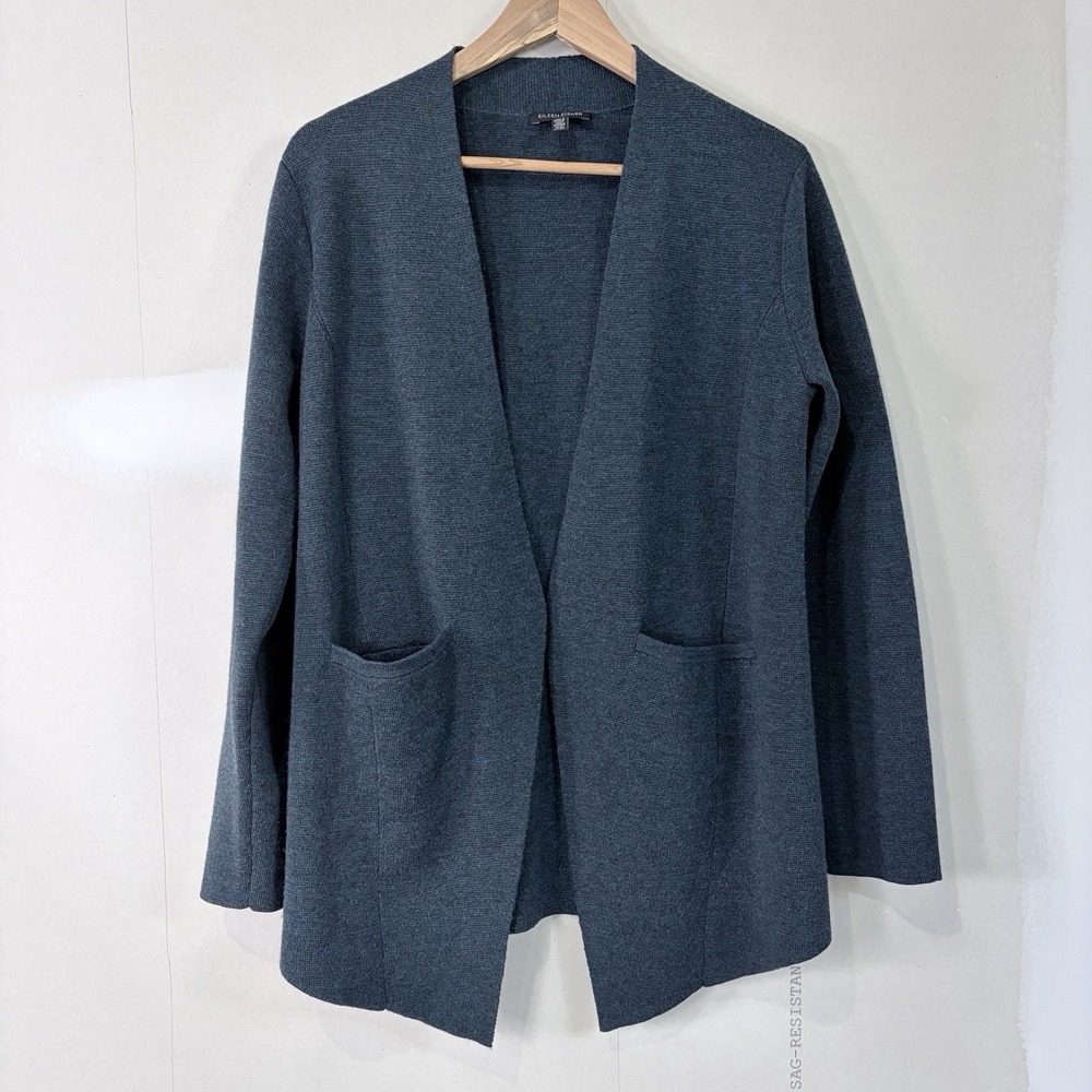 Eileen Fisher 100% Merino Wool Double-knit Kimono Cardigan Navy Blue Sz S Petite